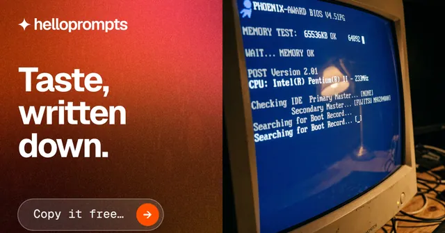 Social ad for HelloPrompts: "Taste, written down." Agentic glass style, bottom layout, dark palette in blue, orange, red.