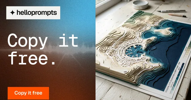 Social ad for HelloPrompts: "Copy it free." Swiss style, bottom layout, light palette in black, grey, brown.