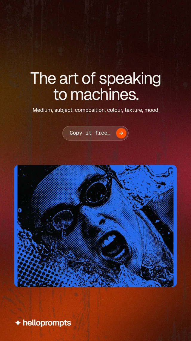 Instagram story for HelloPrompts: "The art of speaking to machines." Agentic glass style, centred layout, dark palette in black, red, blue.