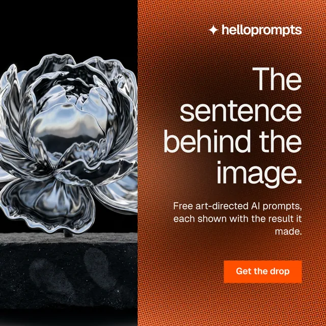 Instagram post for HelloPrompts: "The sentence behind the image." Swiss style, right layout, dark palette in black, orange, grey.