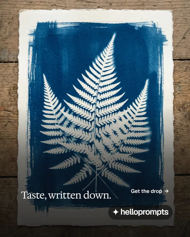 Instagram portrait post for HelloPrompts: "Taste, written down." Editorial style, image led layout, dark palette in blue, black, grey.