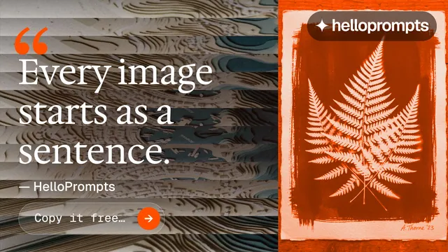 Landscape graphic for HelloPrompts: "Every image starts as a sentence." Agentic glass style, quote layout, dark palette in black, orange.