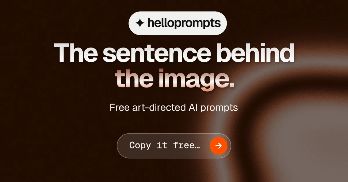 Social ad for HelloPrompts: "The sentence behind the image." Agentic glass style, centred layout, dark palette in black, grey, orange.