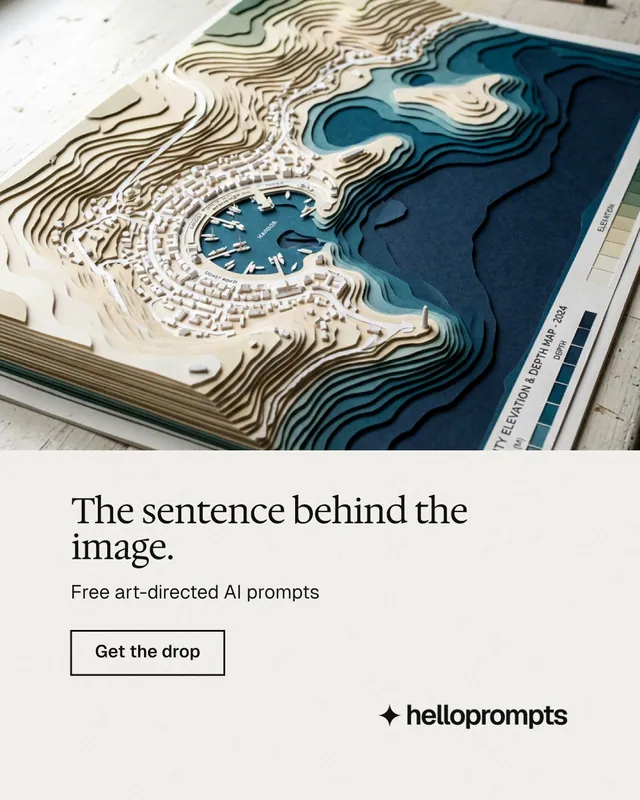 Instagram portrait post for HelloPrompts: "The sentence behind the image." Editorial style, bottom layout, light palette in white, grey, blue.