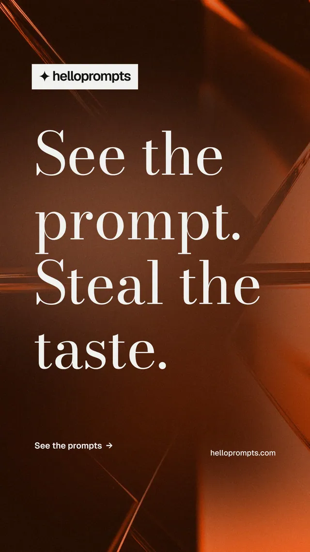 Instagram story for HelloPrompts: "See the prompt. Steal the taste." Minimal luxury style, poster layout, dark palette in black, orange.
