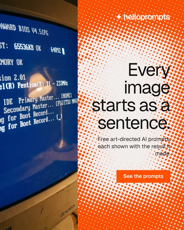 Instagram portrait post for HelloPrompts: "Every image starts as a sentence." Split block style, right layout, light palette in blue, orange.