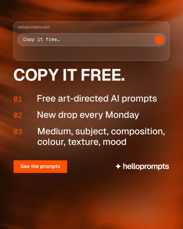 Instagram portrait post for HelloPrompts: "Copy it free." Swiss style, numbered layout, dark palette in orange.