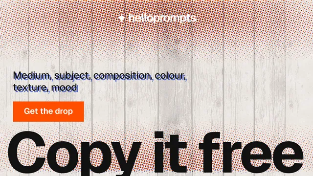 Landscape graphic for HelloPrompts: "See the prompt. Steal the taste." Swiss style, oversized layout, light palette in red, orange.