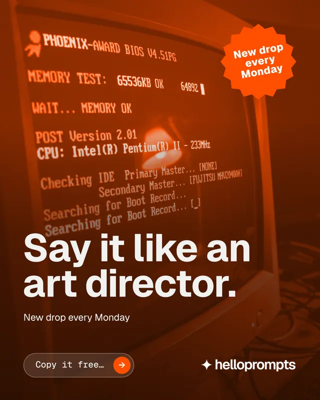 Instagram portrait post for HelloPrompts: "Say it like an art director." Agentic glass style, sticker layout, dark palette in orange.