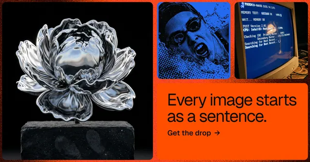 Social ad for HelloPrompts: "Every image starts as a sentence." Agentic glass style, collage layout, dark palette in black, orange, grey.
