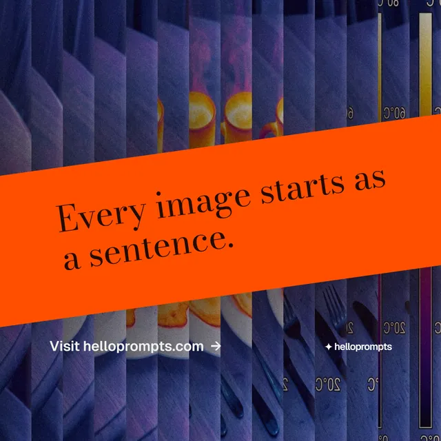 Instagram post for HelloPrompts: "Every image starts as a sentence." Minimal luxury style, diagonal layout, dark palette in purple, orange, blue.