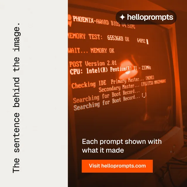 Instagram post for HelloPrompts: "The sentence behind the image." Swiss style, vertical layout, light palette in orange, white.