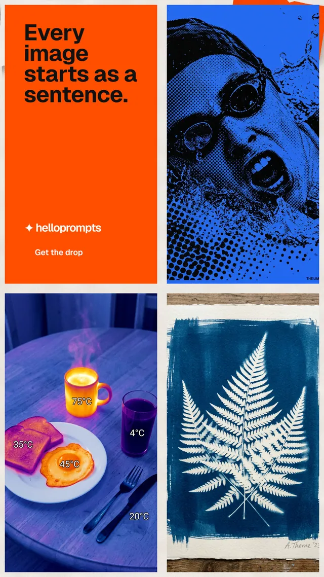 Instagram story for HelloPrompts: "Every image starts as a sentence." Swiss style, collage layout, dark palette in blue, grey, red.