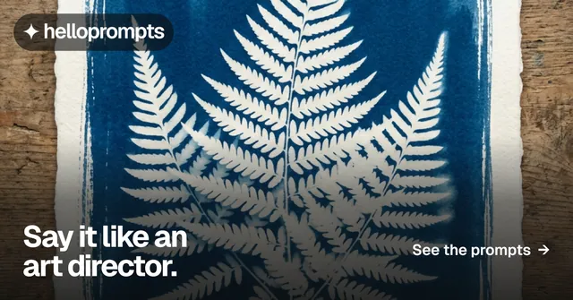 Social ad for HelloPrompts: "Say it like an art director." Swiss style, image led layout, dark palette in grey, blue.