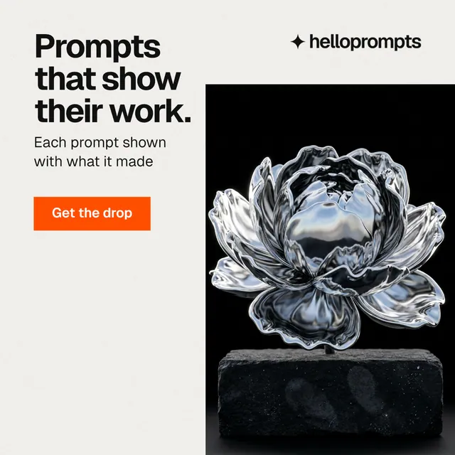 Instagram post for HelloPrompts: "Prompts that show their work." Swiss style, skeleton layout, light palette in white, black, grey.