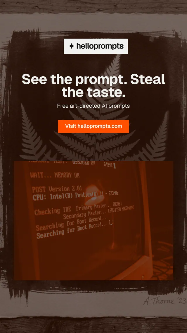 Instagram story for HelloPrompts: "See the prompt. Steal the taste." Swiss style, centred layout, dark palette in black, orange, grey.