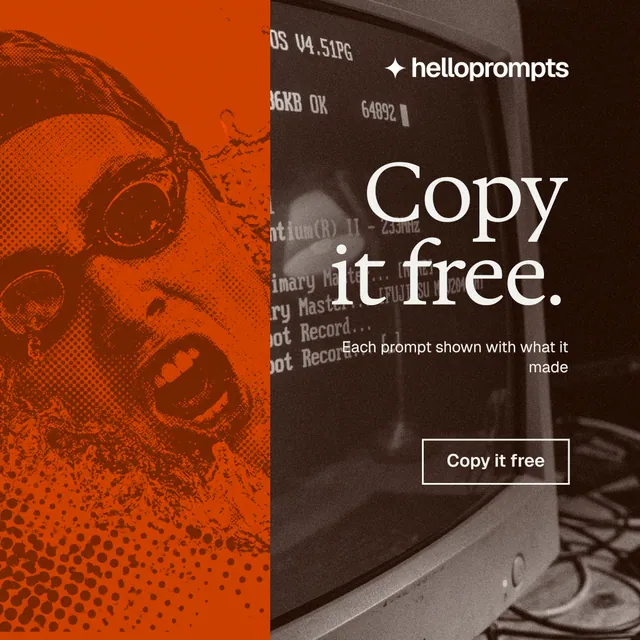Instagram post for HelloPrompts: "Copy it free." Editorial style, right layout, dark palette in orange, black, grey.