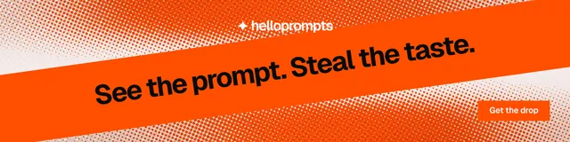 LinkedIn banner for HelloPrompts: "See the prompt. Steal the taste." Swiss style, diagonal layout, light palette in orange.