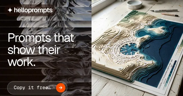 Social ad for HelloPrompts: "Prompts that show their work." Agentic glass style, bottom layout, dark palette in grey, black.