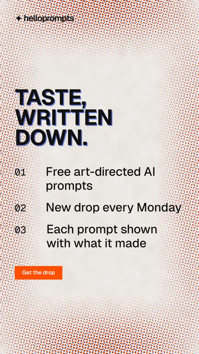 Instagram story for HelloPrompts: "Taste, written down." Swiss style, numbered layout, light palette in red, orange, grey.
