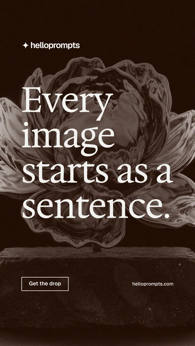 Instagram story for HelloPrompts: "Every image starts as a sentence." Editorial style, poster layout, dark palette in black, orange, grey.