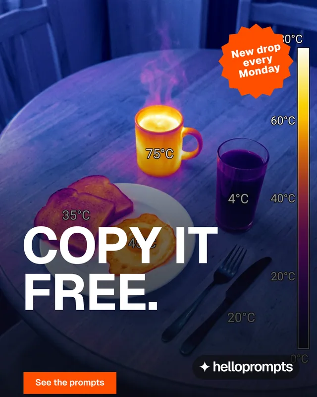 Instagram portrait post for HelloPrompts: "Copy it free." Swiss style, sticker layout, dark palette in blue, purple, orange.