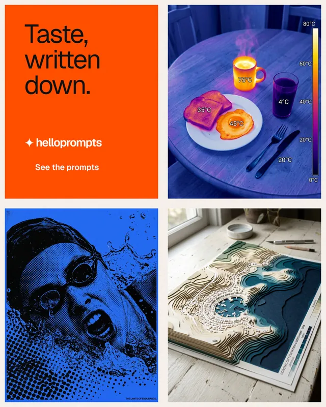 Instagram portrait post for HelloPrompts: "Taste, written down." Swiss style, collage layout, light palette in blue, red, white.