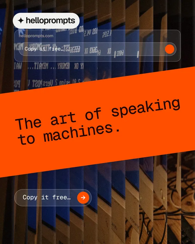 Instagram portrait post for HelloPrompts: "The art of speaking to machines." Agentic glass style, diagonal layout, dark palette in black, orange.