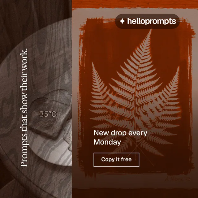 Instagram post for HelloPrompts: "Prompts that show their work." Editorial style, vertical layout, dark palette in orange, brown, grey.