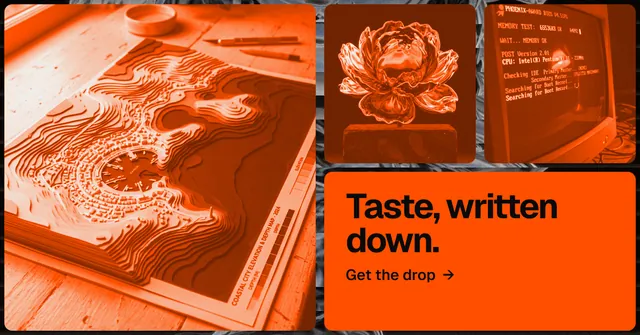 Social ad for HelloPrompts: "Taste, written down." Agentic glass style, collage layout, dark palette in orange.