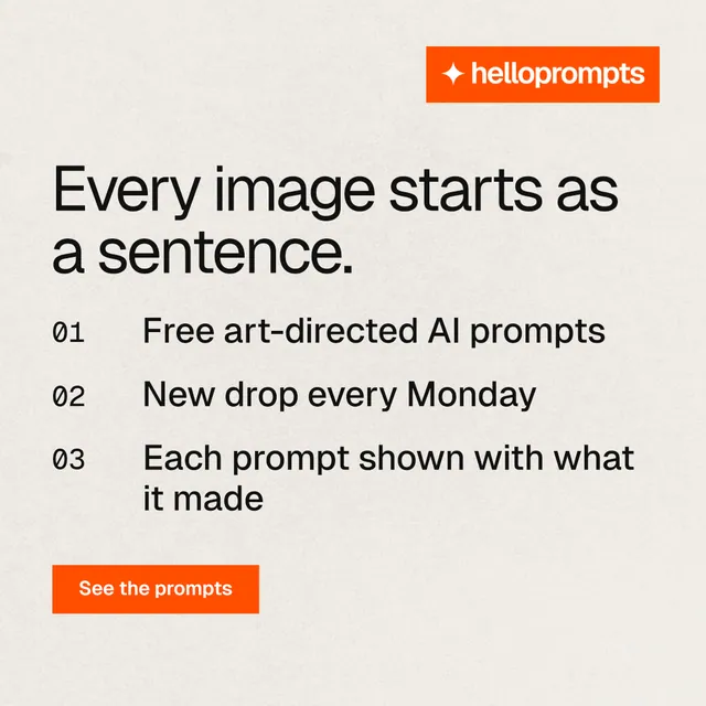 Instagram post for HelloPrompts: "Every image starts as a sentence." Swiss style, numbered layout, light palette in yellow, orange, white.