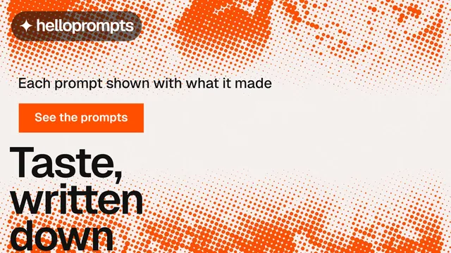 Landscape graphic for HelloPrompts: "Every image starts as a sentence." Split block style, oversized layout, light palette in white, orange.