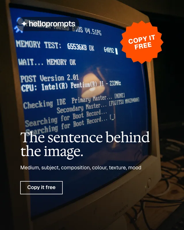Instagram portrait post for HelloPrompts: "The sentence behind the image." Editorial style, sticker layout, dark palette in black, blue, grey.