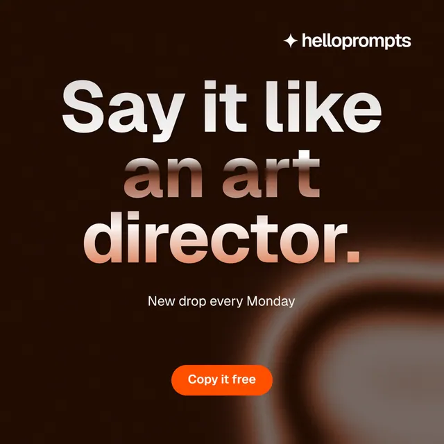 Instagram post for HelloPrompts: "Say it like an art director." Y2K style, centred layout, dark palette in black, grey, orange.