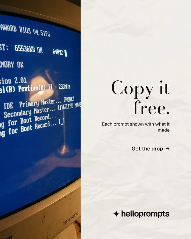 Instagram portrait post for HelloPrompts: "Copy it free." Minimal luxury style, right layout, light palette in blue, yellow, white.