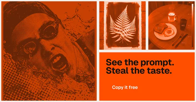 Social ad for HelloPrompts: "See the prompt. Steal the taste." Swiss style, collage layout, dark palette in orange.
