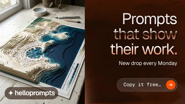 Landscape graphic for HelloPrompts: "Prompts that show their work." Agentic glass style, right layout, dark palette in black, grey, orange.