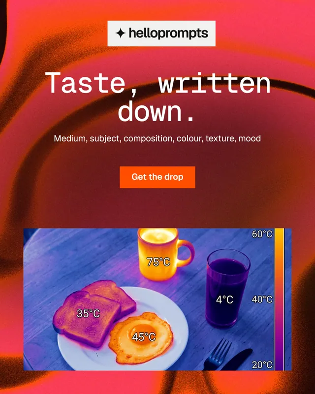 Instagram portrait post for HelloPrompts: "Taste, written down." Swiss style, centred layout, dark palette in grey, red.