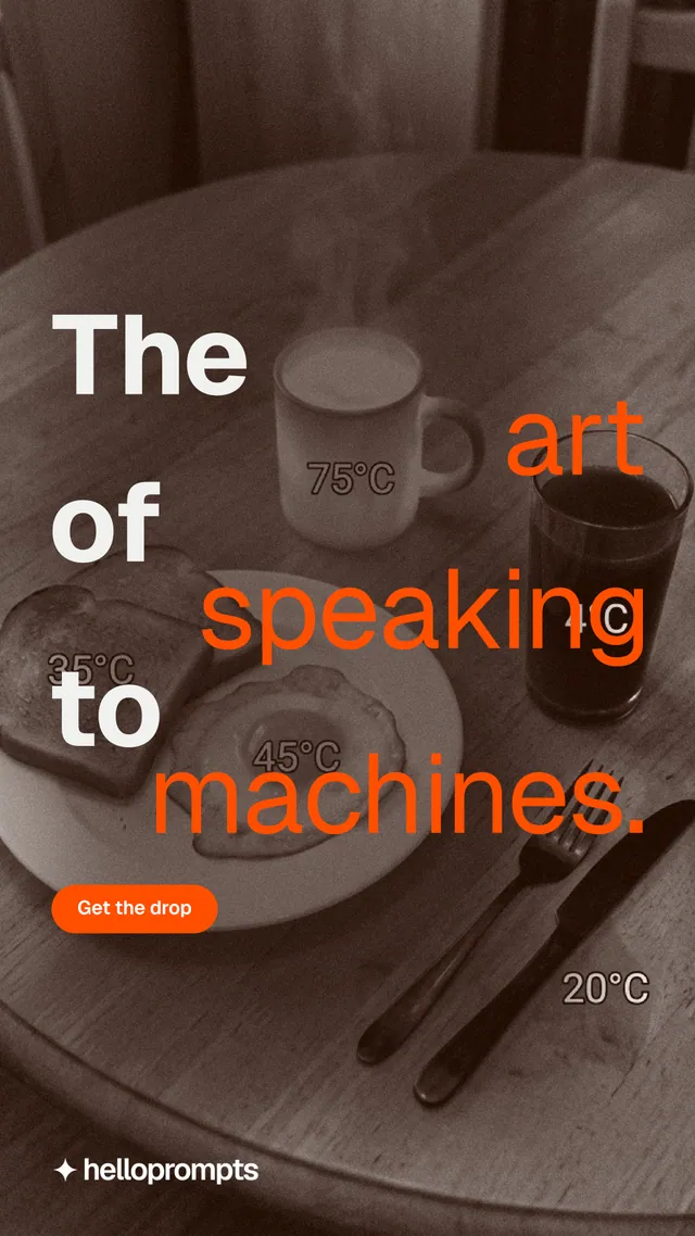 Instagram story for HelloPrompts: "The art of speaking to machines." Photo poster style, stacked layout, dark palette in orange.