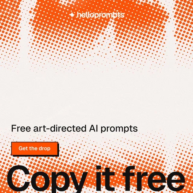 Instagram post for HelloPrompts: "Say it like an art director." Brutalist style, oversized layout, light palette in brown, orange, white.