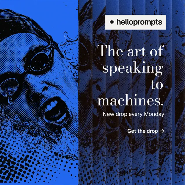 Instagram post for HelloPrompts: "The art of speaking to machines." Minimal luxury style, right layout, dark palette in blue, black.