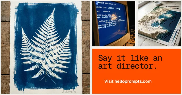 Social ad for HelloPrompts: "Say it like an art director." Swiss style, collage layout, light palette in blue, orange, grey.