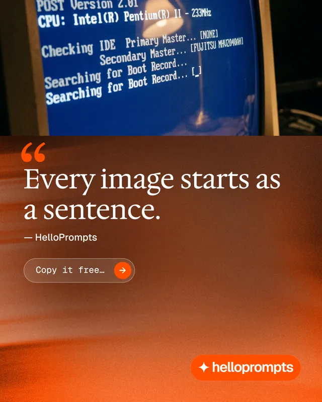 Instagram portrait post for HelloPrompts: "Copy it free." Agentic glass style, quote layout, dark palette in orange, blue, red.