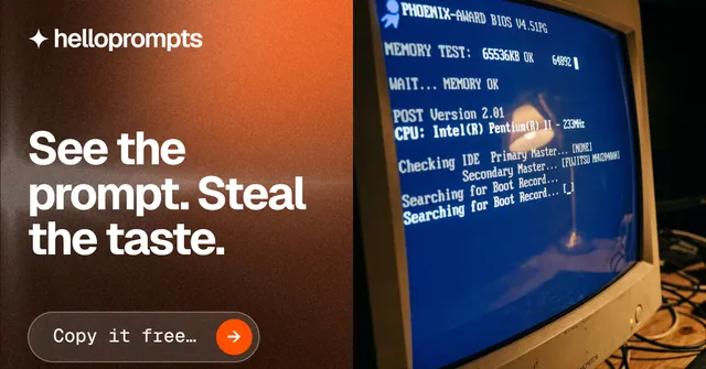 Social ad for HelloPrompts: "See the prompt. Steal the taste." Agentic glass style, bottom layout, dark palette in orange, blue, brown.