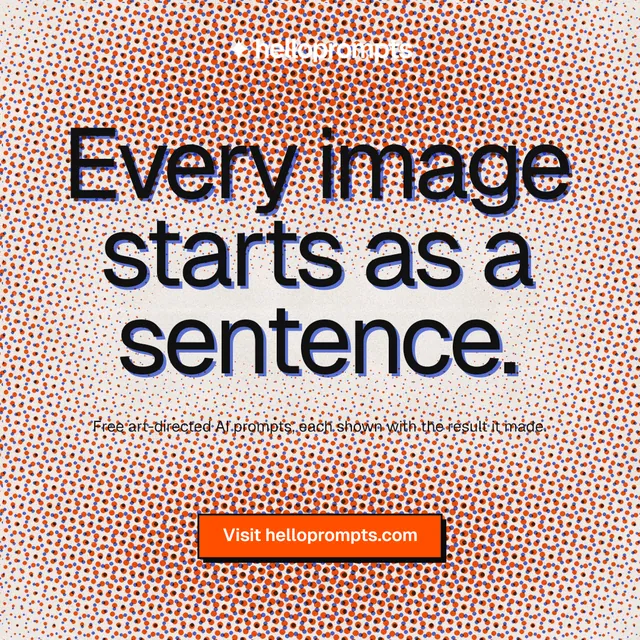 Instagram post for HelloPrompts: "Every image starts as a sentence." Brutalist style, centred layout, light palette in red, orange.