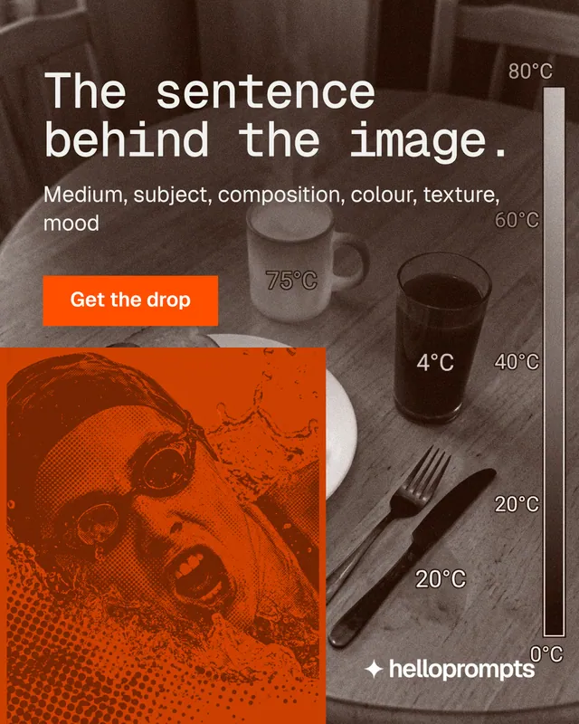 Instagram portrait post for HelloPrompts: "The sentence behind the image." Swiss style, skeleton layout, dark palette in orange, grey.