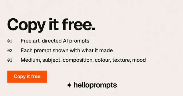 Social ad for HelloPrompts: "Copy it free." Swiss style, numbered layout, light palette in white, orange.