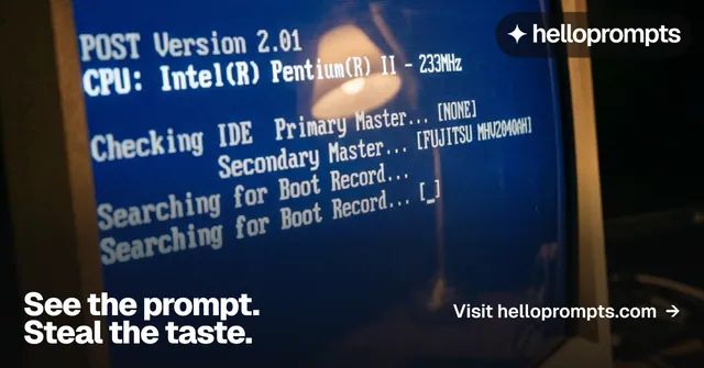 Social ad for HelloPrompts: "See the prompt. Steal the taste." Brutalist style, image led layout, dark palette in blue, grey, black.
