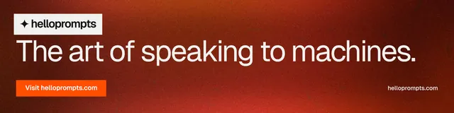 LinkedIn banner for HelloPrompts: "The art of speaking to machines." Swiss style, poster layout, dark palette in red.