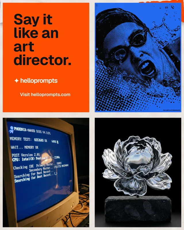 Instagram portrait post for HelloPrompts: "Say it like an art director." Swiss style, collage layout, dark palette in black, red, blue.